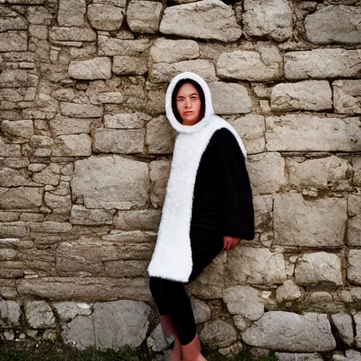 Image similar to portrait, woman, age 2 0, in a sheep costume, outside, stone wall in background, street photography by steve mccurry, 5 0 mm f / 1. 4