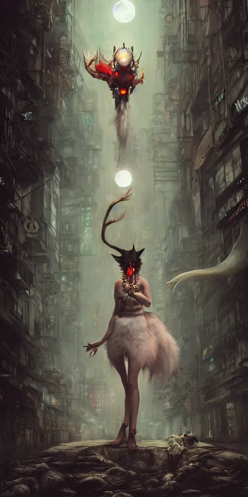 Image similar to hyper realistic Princess Mononoke attacking luminescent ghost, ornate mask, wet market street, cyberpunk metropolis, city landscape, jewels, full body pose, full moon, style of tom bagshaw, mucha, james gurney, norman rockwell, denoised, sharp