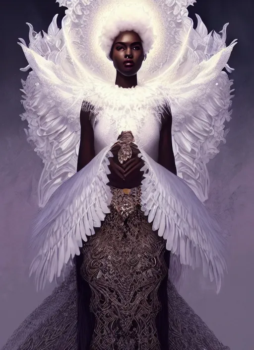 Prompt: full body portrait of beautiful black woman as the swan queen, glowing crown, beautiful flowy feathered gown, intricate white lilies, beautiful baroque lace detail, highly detailed, digital painting, artstation, concept art, smooth, sharp focus, illustration, art by wlop, mars ravelo and greg rutkowski