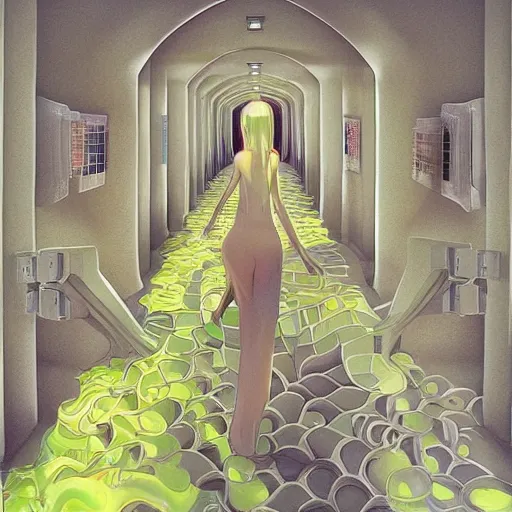 Image similar to a beautiful slimegirl woman in a bright white hallway with many doors and many stairs, Mc Escher architecture, epic composition, by Makoto Shinkai