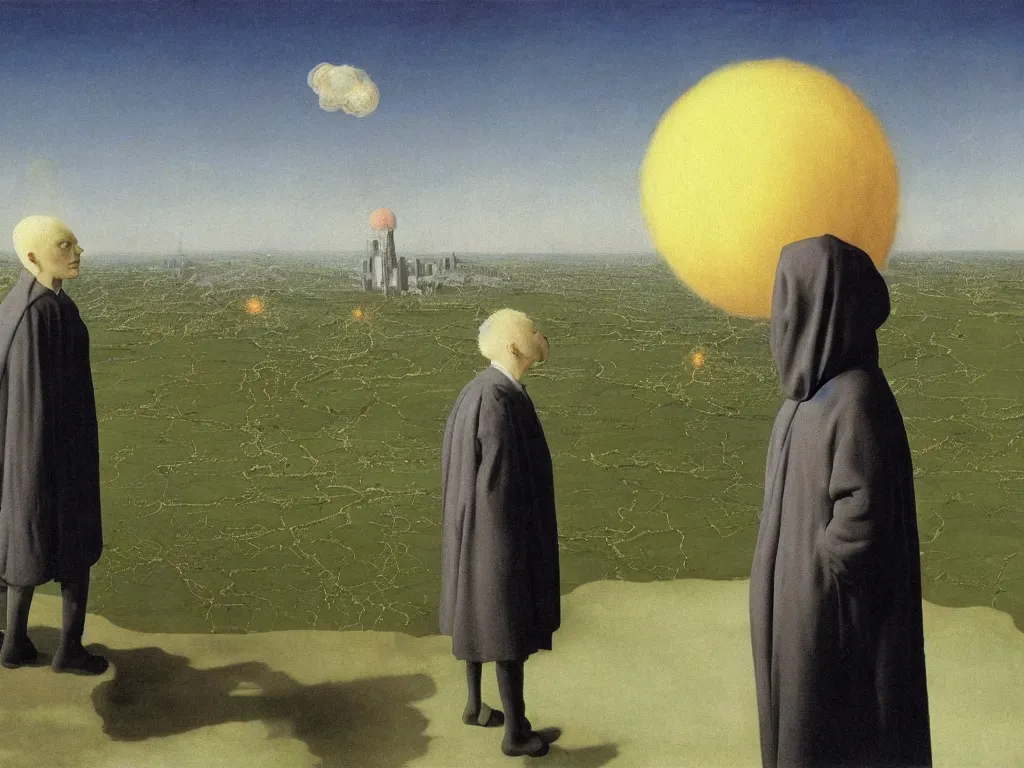 Image similar to albino mystic, with his back turned, looking at a atomic explosion over a city in the distance. Painting by Jan van Eyck, Audubon, Rene Magritte, Agnes Pelton, Max Ernst, Walton Ford