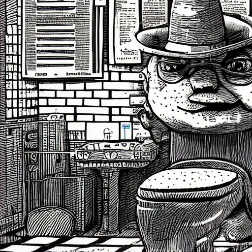 Prompt: a toad on the toilet reads a newspaper in a hat and smokes a pipe 4 k full nd, hyperrealism