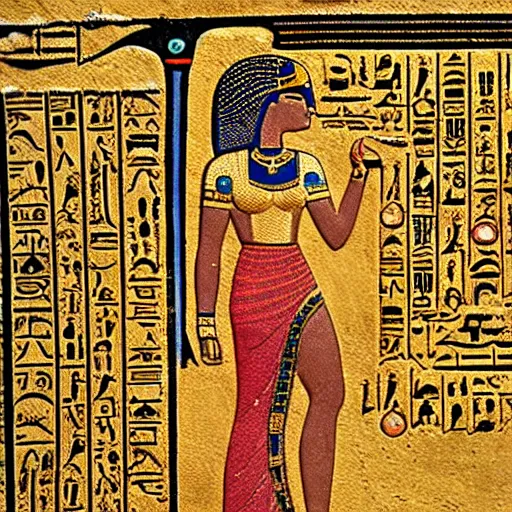 Prompt: hieroglyphs depicting cleopatra using a mobile phone
