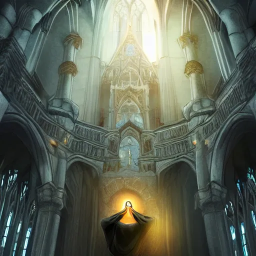 Prompt: a priestess with long black hair, praying for the sun god in a cathedral. Epic fantasy, 8k. realistic. Detailed. Digital painting. Sharp focus, illustration, Beautiful, gorgeous. Dark.