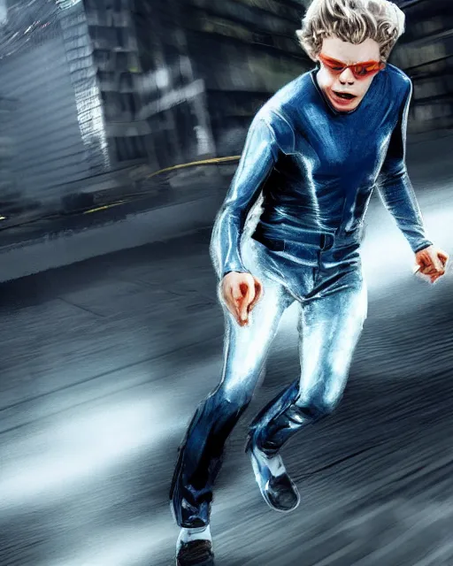 Image similar to evan peters, as quicksilver, racing at hyper speed thru the streets of nyc, trending on artstation, x - men