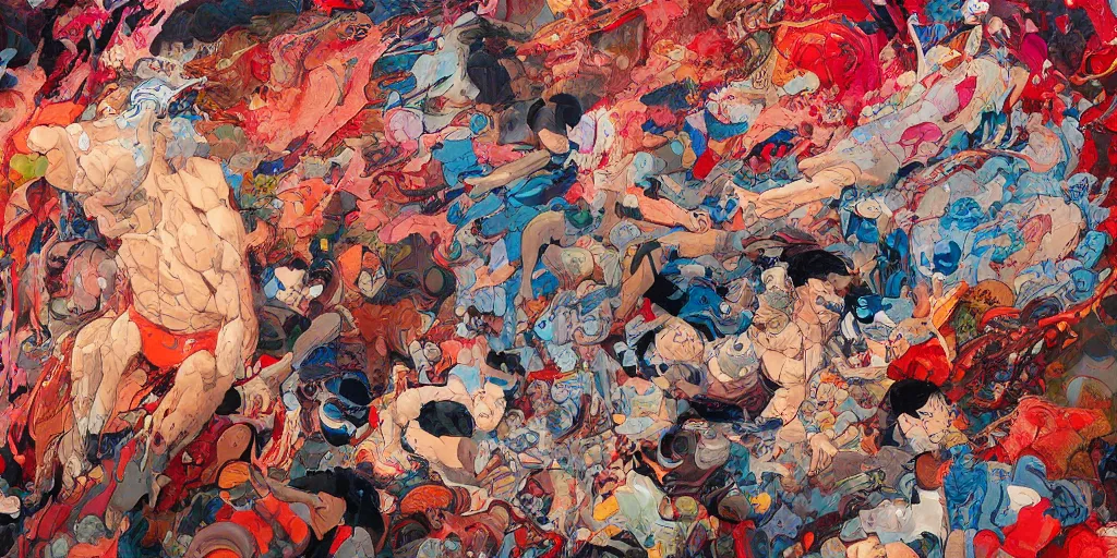 Image similar to highly textured oil painting modern art abstract exhibition with alot of people by james jean and katsuhiro otomo and erik jones, inspired by akira anime, smooth texture, intricate oil painting, high detail illustration, sharp high detail, long exposure