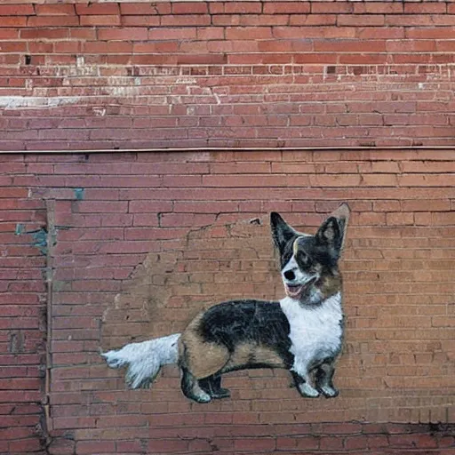 Prompt: brick wall with a mural of a corgi, street art, graffiti, urban landscape, award - winning photograph by david lynch