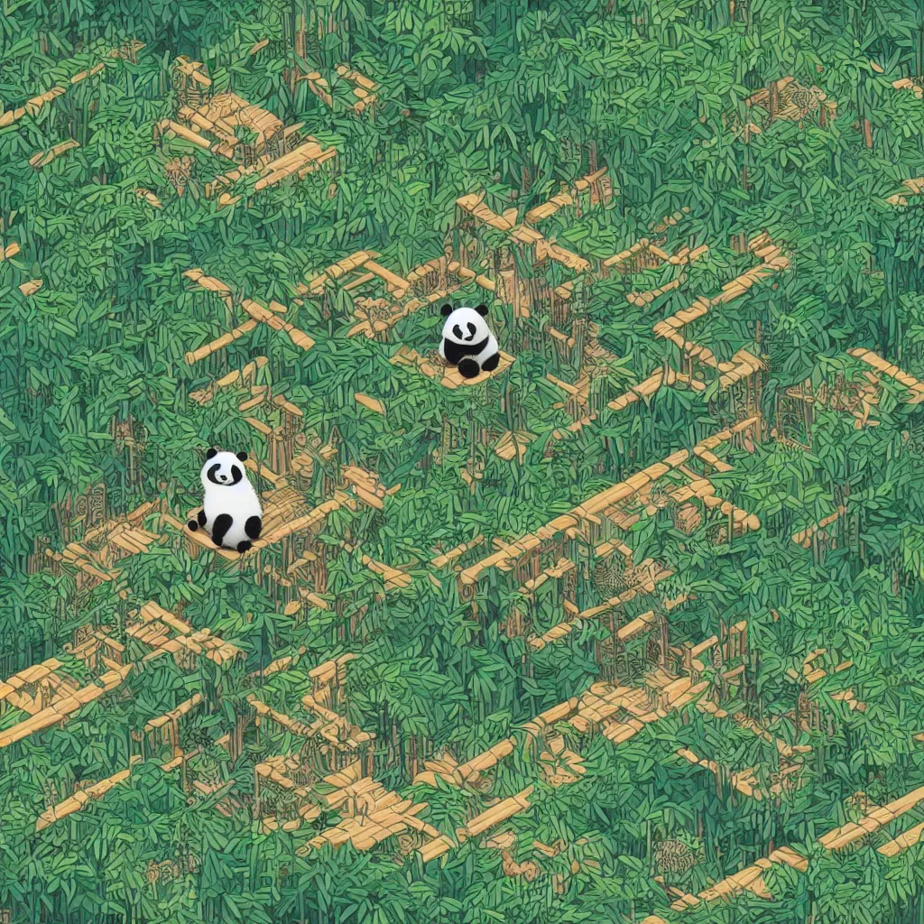 Prompt: isometric view illustration cute panda in bamboo forest, highly detailed mid day by victo ngai and malika favre, isometric, isometric view