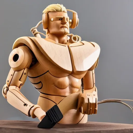 Image similar to wooden sculpture of cyborg viking wearing a vr headset, polished maple, thoughtful, elegant, real