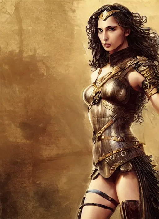 Prompt: highly detailed steampunk gal gadot standing, blond hair, steel age : leonardo da vinci, greg rutkowski, magali villeneuve