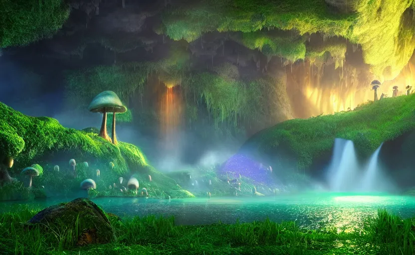 Image similar to a beautiful and stunning professional digital artwork of a humongous glowing mushroom cave, haze, waterfall, volumetric lighting, hyperrealistic, green, blue, sunset, unreal engine 5, ultra detail