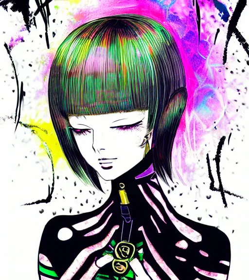 Prompt: very beautiful maximalist portrait painting of a black bobcut hair style industrial goth magical girl in a blend of manga - style art, augmented with vibrant composition and color, all filtered through a cybernetic lens, by hiroyuki mitsume - takahashi, flashy modern background with black stripes