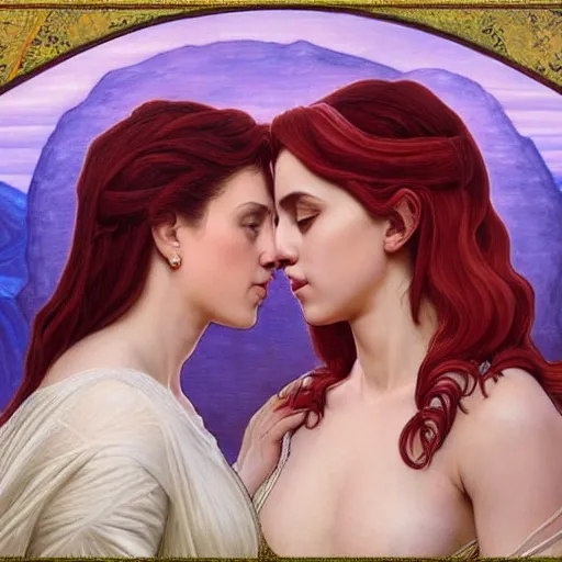 Image similar to a highly detailed byzantine painting of scarlett johansson and emma watson as red haired queens sharing a soft kiss under a waterfall in a gossamer purple dress, epic fantasy, viewed in profile from far away, ultrawide lens, art by artgerm and greg rutkowski and alphonse mucha, volumetric lighting, 4 k resolution, trending on artstation, masterpiece