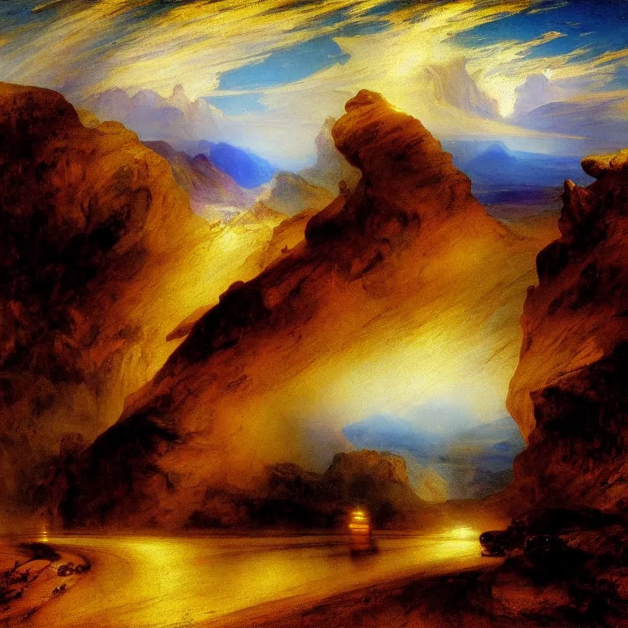 Prompt: atmospheric artwork about a highway road towards the horizon, painted by thomas moran and picasso.