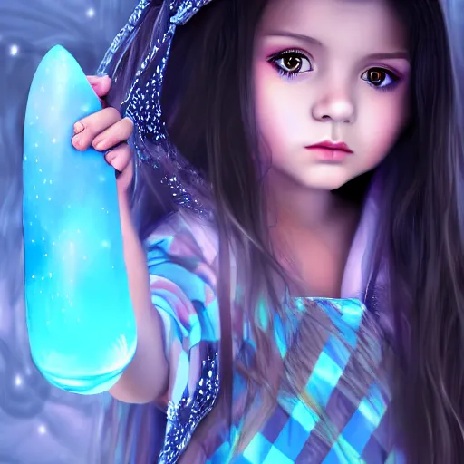 Image similar to mysterious girl child with her long black hair dressed in a chequered robe, carrying blue very big magical crystal, digital art, hd, 4 k, hyper detailed