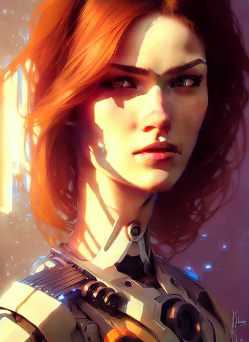 Image similar to portrait of cybertronic beautiful girl, intrigante, headshot, highly detailed, digital painting, artstation, concept art, sharp focus, cinematic lighting, illustration, art by artgerm and greg rutkowski, alphonse mucha, cgsociety