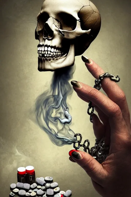 Image similar to pile Off pills , drugs and a skull on the table, skull made out of smoke coming out of pills, fantasy, intricate, elegant, highly detailed, digital painting, artstation, concept art, addiction, chains, smooth, sharp focus, illustration, art by Ilja Repin