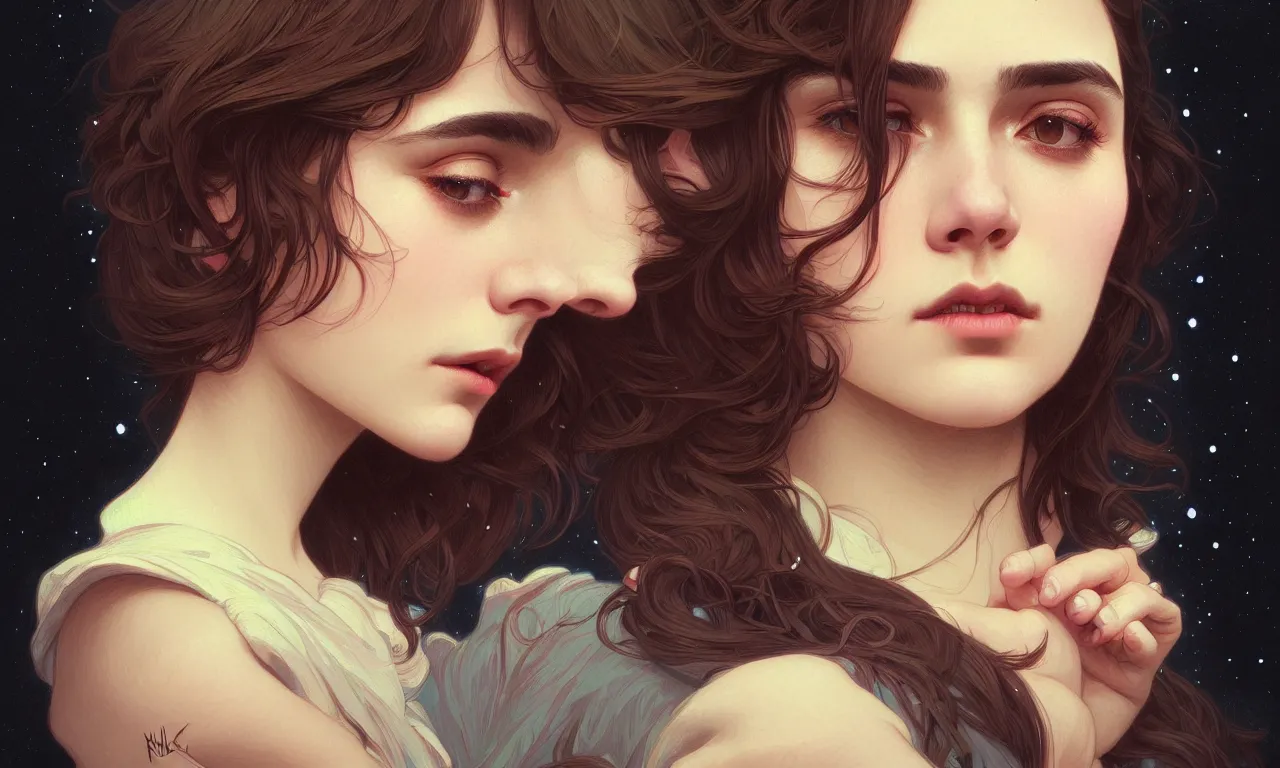 Image similar to Hila Klein closeup filled background around face, teddy fresh, undercut hairstyle, dark light night, intricate, elegant, sharp focus, illustration, highly detailed, digital painting, concept art, matte, art by WLOP and Artgerm and Greg Rutkowski and Alphonse Mucha, masterpiece