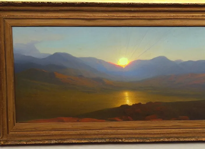 Image similar to the armenian highlands with the sun setting as the background in the style of hudson river school of art, oil on canvas