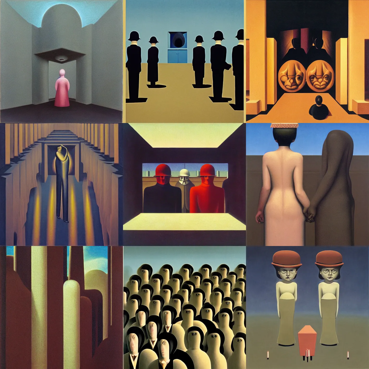 Prompt: nightmare, surreal, ominous, phantasmagoric, in the style of george tooker, in the style of rene magritte