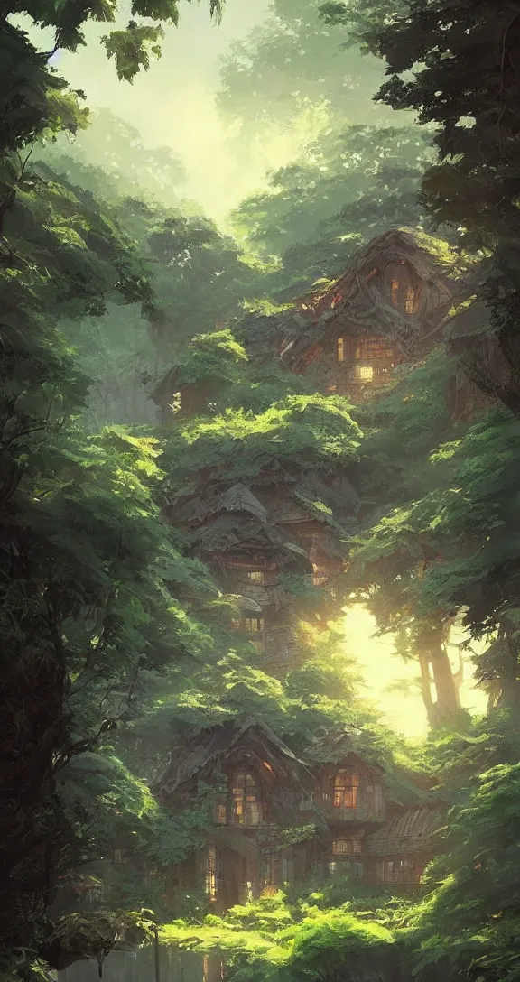 Image similar to Stunning cottage, solar, lush, forest, beautiful, by Studio Ghibli and Greg Rutkowski, artstation