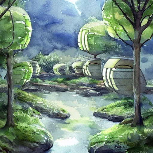 Image similar to beautiful happy picturesque charming sci - fi organic pod - like homes of the future in a beautiful natural scene. water, trees and rocks. beautiful light. soft colour scheme. beautiful artistic detailed watercolor by lurid. ( 2 0 2 2 )