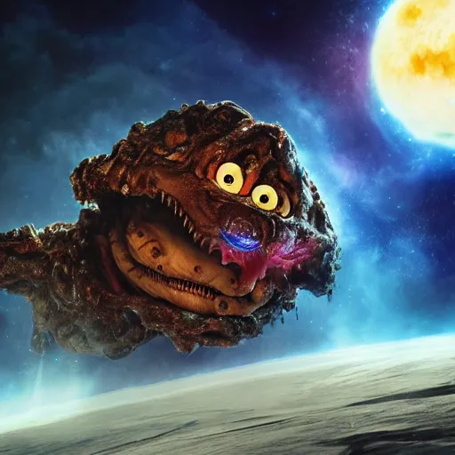 Image similar to eldritch horror bloody garfield in space, hd, 8 k, giant, epic, realistic photo, unreal engine, stars, prophecy, powerful, cinematic lighting, destroyed planet, debris, violent, sinister, ray tracing, dynamic, epic composition, dark, horrific, teeth, grotesque, monochrome drawing, hellscape