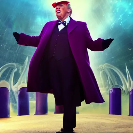 Prompt: donald trump as willy wonka in avengers movie, fantasy, splash art, avengers movie, movie still, detailed face, photorealistic facial features, cinematic lighting, dramatic, octane render, long lens, shallow depth of field, bokeh, anamorphic lens flare, 8 k, hyper detailed, 3 5 mm film grain