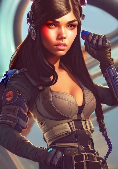 Prompt: a woman who looks like a mix between madison beer and emily ratakowski!!! as an apex legends character!! digital illustration portrait design by, mark brooks and brad kunkle detailed, gorgeous lighting, wide angle action dynamic portrait