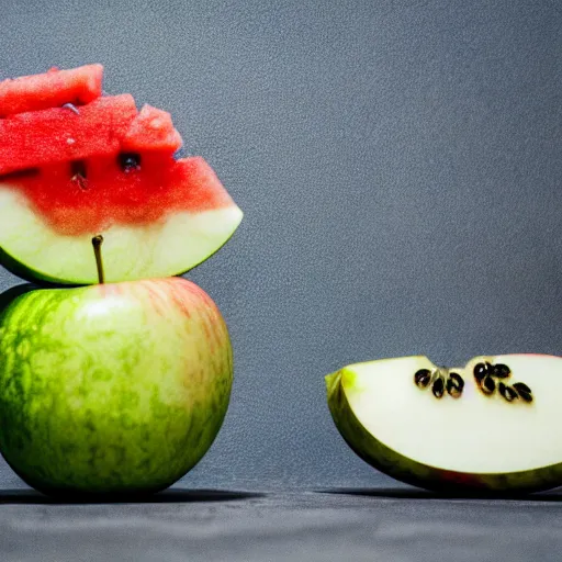 Image similar to an apple sitting on top of a watermelon, 4k, highly detailed,
