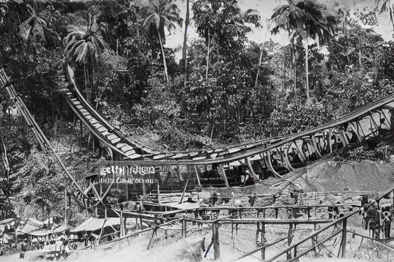 Image similar to a 1 9 0 5 colonial closeup photograph of a rollercoaster in a village at the river bank of congo, thick jungle, wide angle shot