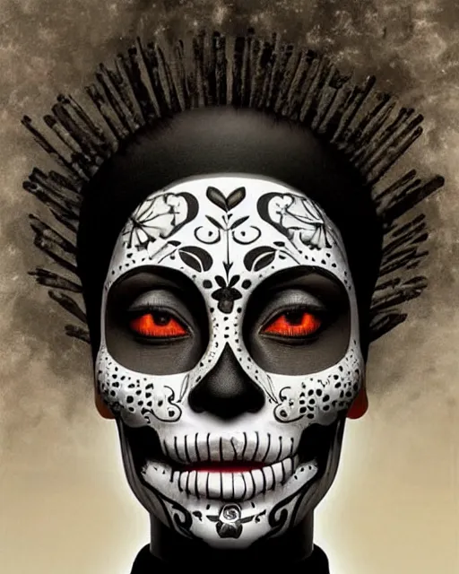 Image similar to dia de los muertos theme surrealist!!!! art in the styles of igor morski, jim warren, and aida muluneh, intricate, hyperrealistic, accurate facial details, profile picture with chromakey!!!!! background, volumetric lighting