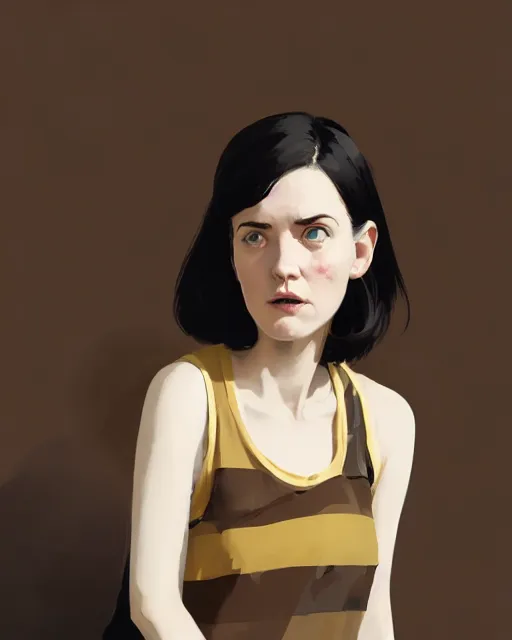 Prompt: cottagecore hyper - realistic portrait of a woman in black sleeveless t - shirt, black hair, persian daisy, by atey ghailan, by greg rutkowski, by greg tocchini, by james gilleard, by joe fenton, by kaethe butcher, dynamic lighting, gradient light yellow, brown, blonde cream and white color scheme, grunge aesthetic