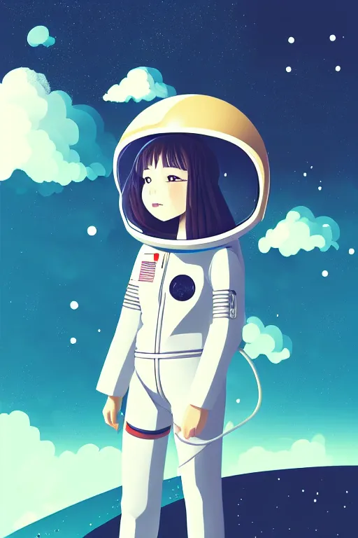 Prompt: portrait of a girl with astronaut helmets by 村 田 莲 尔, cloudy sky background lush landscape ln illustration concept art anime key visual trending 村 田 莲 尔