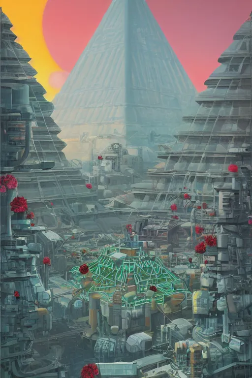 Image similar to giant cyber - punk factory with ancient pyramids and blooming flowers by helen lundeberg