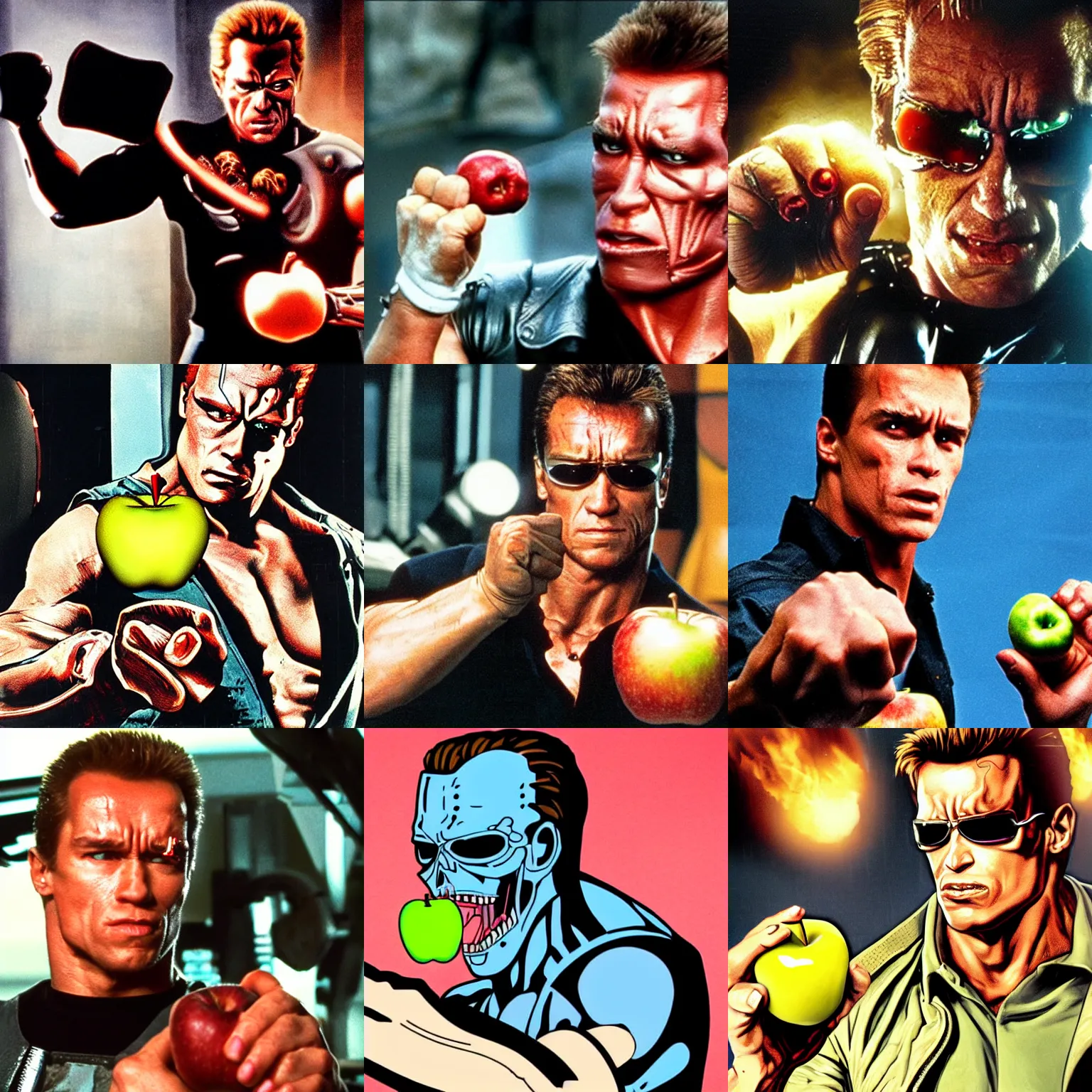 Prompt: The Terminator crushing an apple in his fist