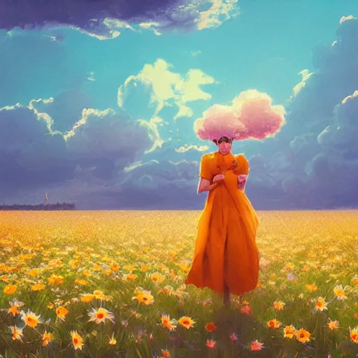 Image similar to girl with a full daisies head, surreal photography, flower field, sunset dramatic light, impressionist painting, colorful clouds, blue sky, digital painting, artstation, simon stalenhag