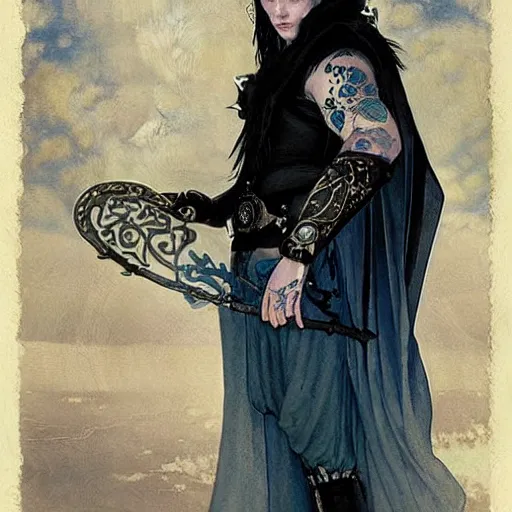 Image similar to portrait of an androgynous albino Viking elf with blue-tinged skin and ghostly art nouveau tattoos wearing black cloak and expression of manic disdain by Greg Rutkowski, Brom, Yoshitaka Amano!!!! and Alphonse Mucha