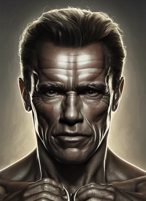 Image similar to symmetry!! arnold schwarzenegger, machine parts embedded into face, intricate, elegant, highly detailed, digital painting, artstation, concept art, smooth, sharp focus, illustration, art by artgerm and greg rutkowski and alphonse mucha, 8 k