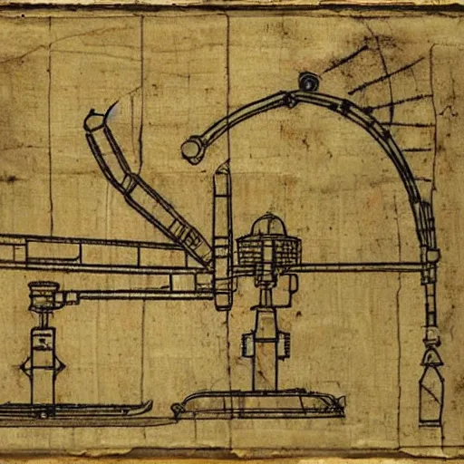 Prompt: ancient technical schematics, on parchment, by leonardo da vinci of a highly advanced futuristic robot