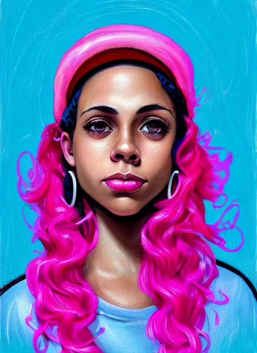 Image similar to portrait of teenage vanessa morgan with bright pink hair, black girl, curly pixie cut hair, wearing newsboy cap, pink short haircut, newsboy cap, hoop earrings, blue eyes, intricate, elegant, glowing lights, highly detailed, digital painting, artstation, concept art, smooth, sharp focus, illustration, art by wlop, mars ravelo and greg rutkowski