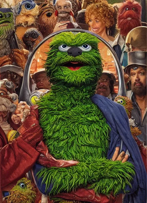 Image similar to portrait of Oscar The Grouch in Society (1989), intricate, highly detailed, centered, digital painting, artstation, concept art, smooth, sharp focus, illustration, artgerm, donato giancola, Joseph Christian Leyendecker, Les Edwards, Ed Repka, WLOP, Artgerm