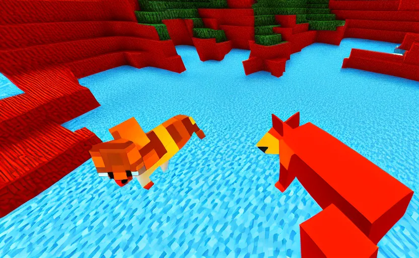 Prompt: A fox swimming in a pool of lava, minecraft, shader graphics mod