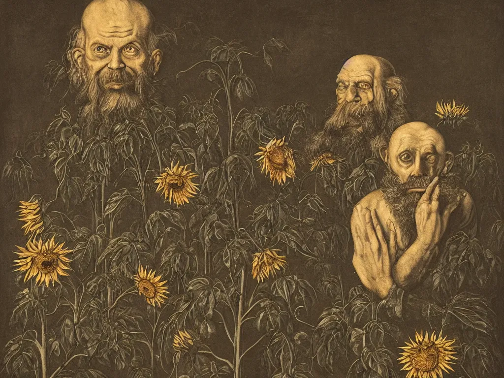 Image similar to Old long bearded man with sunflower in a dark room. Painting by Lucas Cranach, Roger Ballen