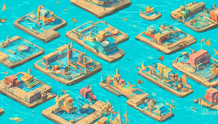 Image similar to busy isometric underwater city, digital art, neat, matte colours, isometric coral