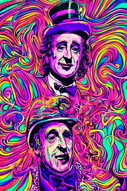 Prompt: 8k detailed psychedelic abstract neon illustration of a gene wilder willywonka projecting his dreams