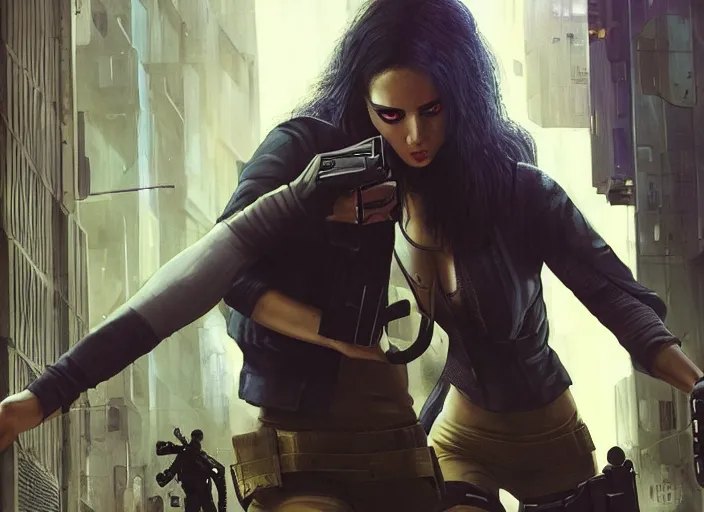 Image similar to Maria evades sgt Nash. Cyberpunk hacker wearing yellow escapes police troopers (blade runner 2049, cyberpunk 2077). beautiful face. Free running. Orientalist portrait by john william waterhouse and James Gurney and Theodore Ralli and Nasreddine Dinet, oil on canvas. Cinematic, hyper realism, realistic proportions, dramatic lighting, high detail 4k