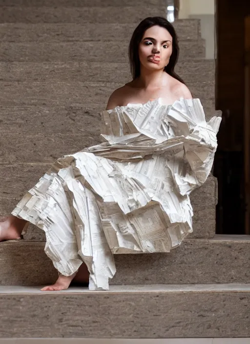 Prompt: a portrait of a beautiful young woman paper mache wrapped and made of newspaper, sitting relax and happy, marble stairs on the the background hyper realistic, 8 k,