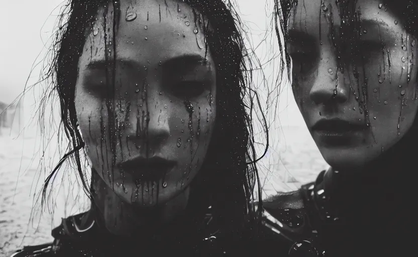 Image similar to cinestill 5 0 d candid photographic portrait by christopher nolan of two loving female androids wearing rugged black mesh techwear in treacherous waters, extreme closeup, modern cyberpunk moody emotional cinematic, pouring rain, 8 k, hd, high resolution, 3 5 mm, f / 3 2, ultra realistic faces, ex machina