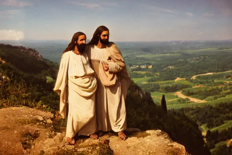 Prompt: a unique old analog color photo of jesus and mary magdalene standing on a cliff looking over a beautiful landscape in france, rennes - le - chateau, award winning photo, very detailed, cinematic